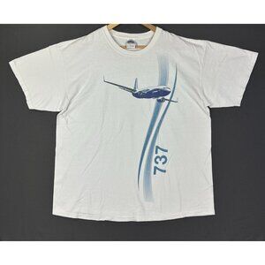 Vintage Y2K Boeing 737 Air Plane Jet Promo Pilot Art Gildan Large White Shirt